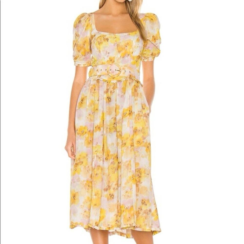 For Love & Lemons | Womens Zinna Midi Dress Lemonade Yellow Floral Smocked Small
